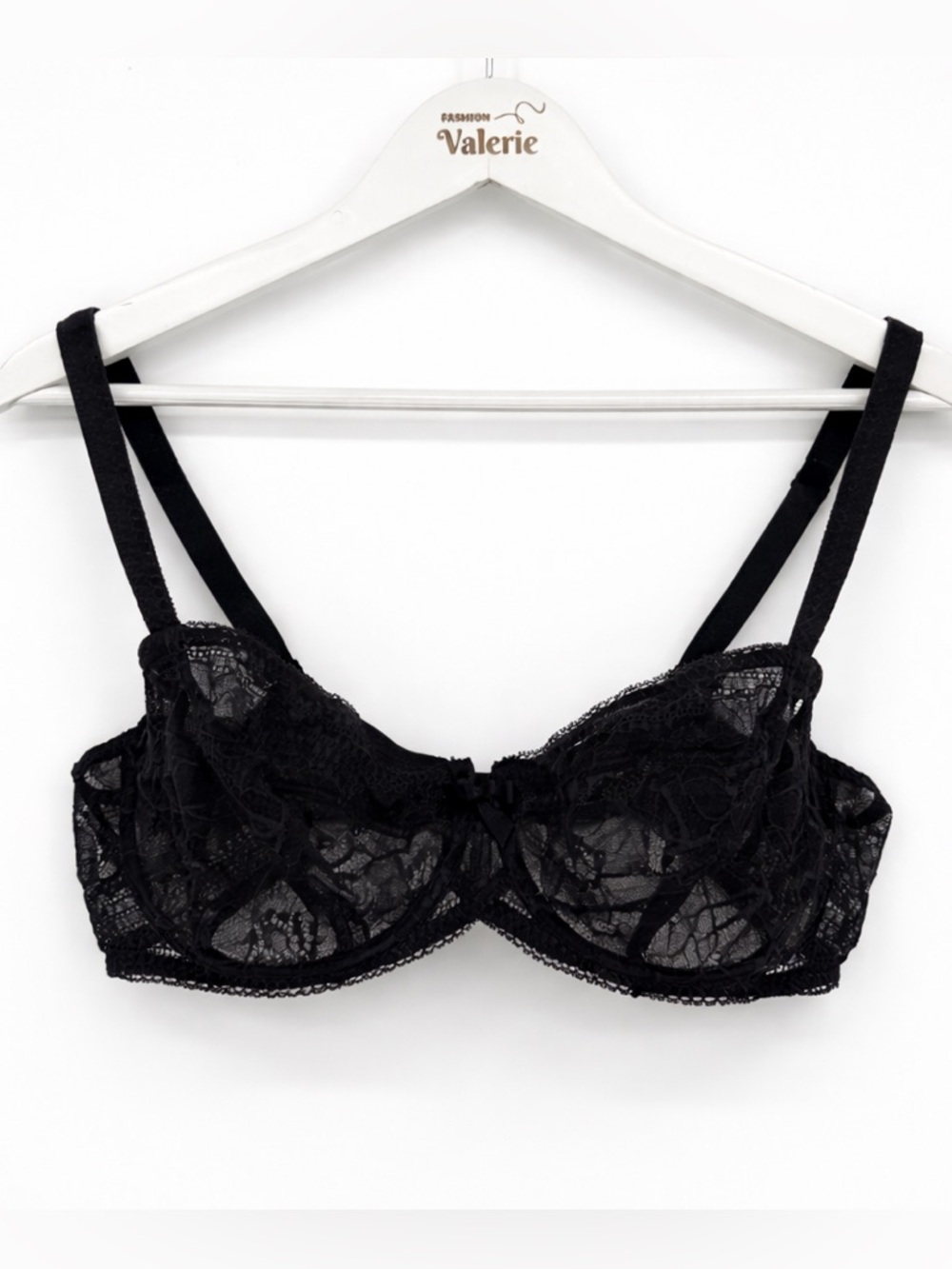 Barbara Vintage Black Lace Bra Balconette Sheer Size 36D Floral